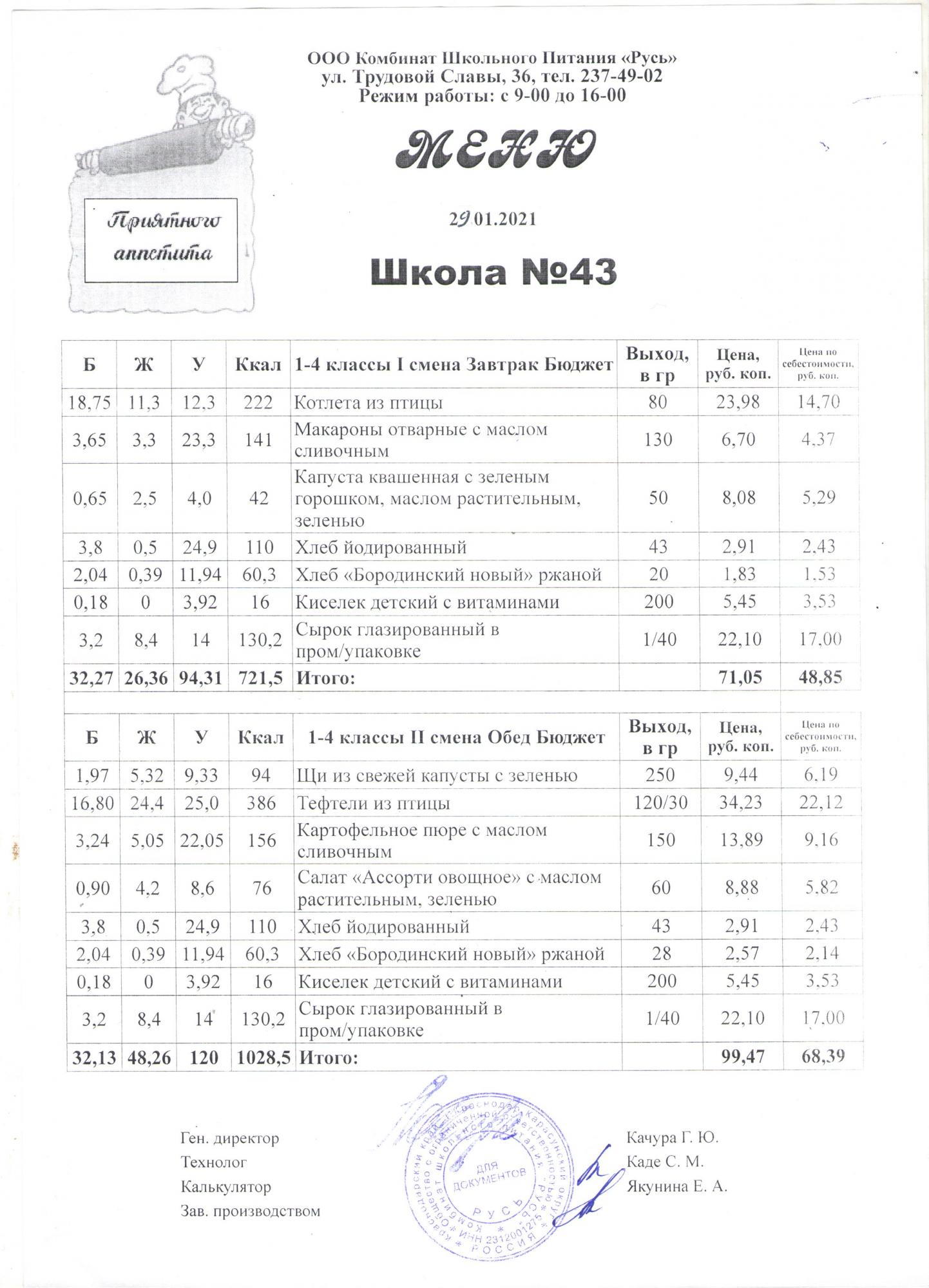 меню 29/01